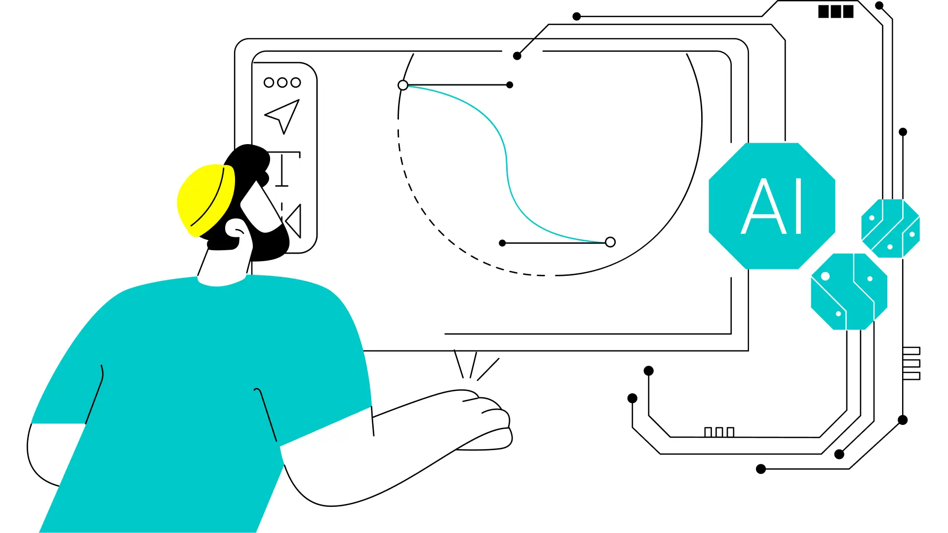 Flat line art illustration of a designer working alongside AI tools in black and cyan, illustrating AI and brand design in 2026