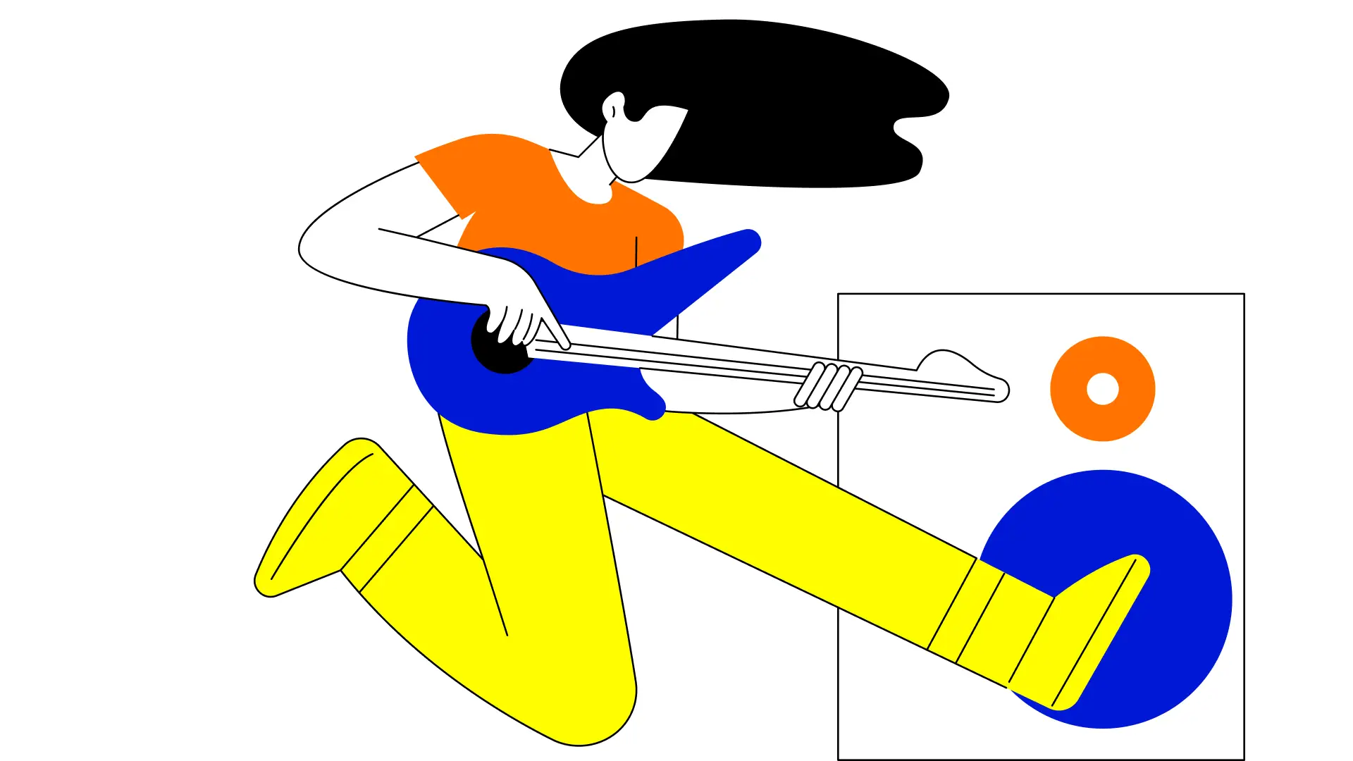 Flat line art illustration of performers or creative professionals in blue and orange, illustrating arts and entertainment brand strategy in Australia