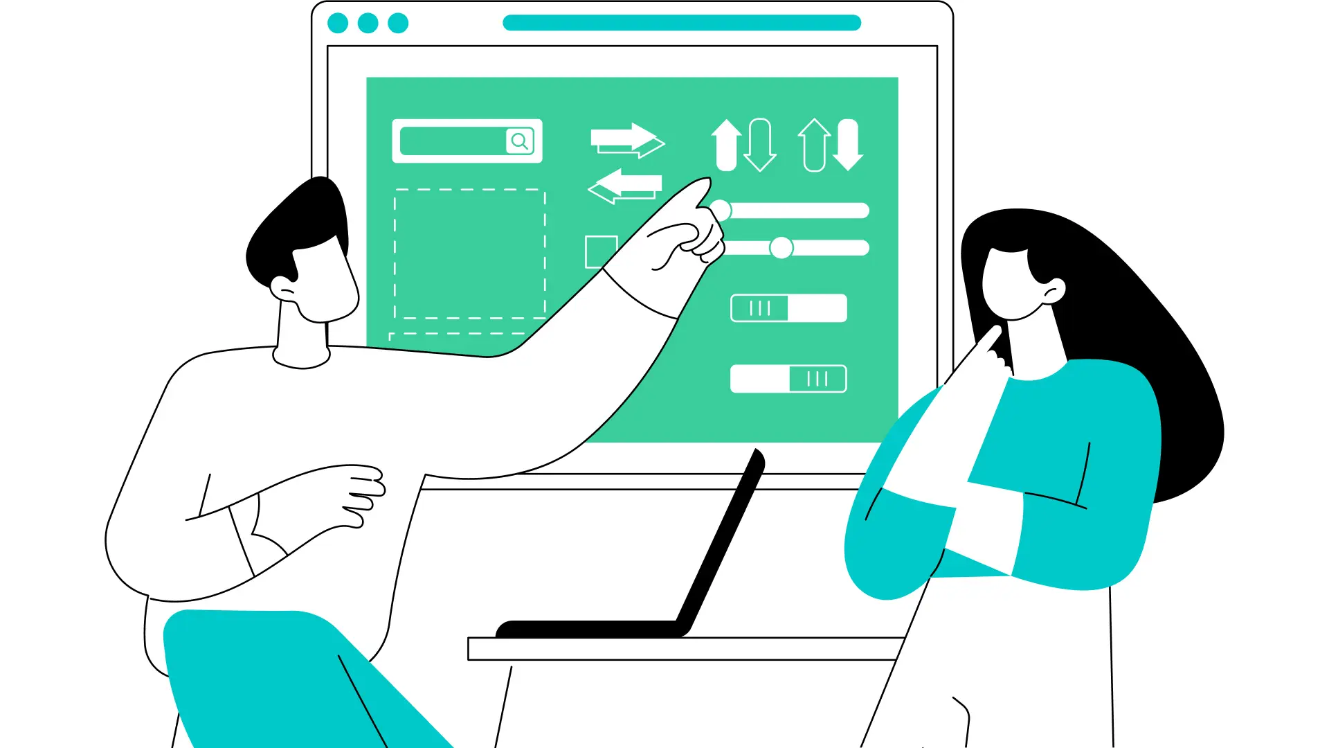 Flat line art illustration of a software or technology professional in black and mint, illustrating B2B SaaS brand positioning in Australia