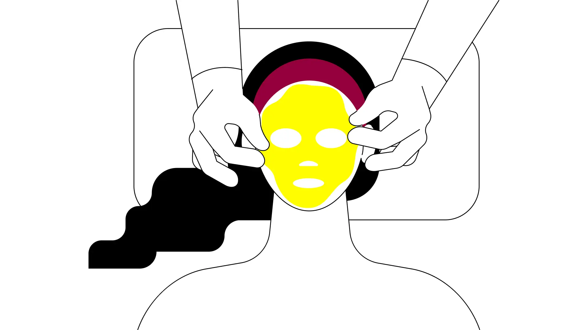Flat line art illustration of a beauty treatment in progress — hands applying a bright yellow face mask to a reclining person with black hair and a burgundy headband, illustrating beauty brand strategy in Australia
