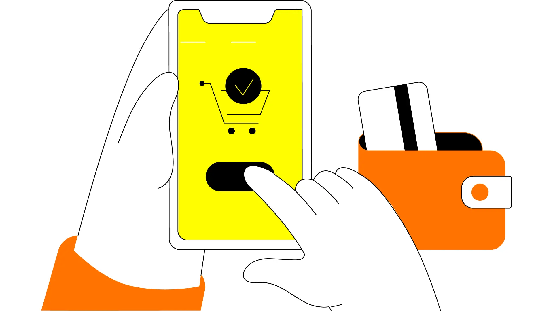 Flat line art illustration of a customer at an online checkout or payment stage in orange and black, illustrating brand experience at checkout