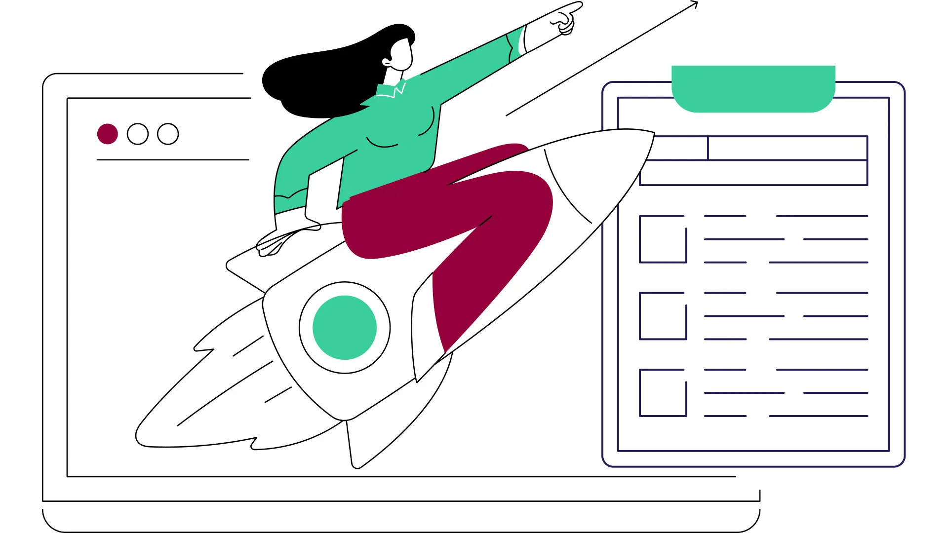 Flat line art illustration of a brand launch moment or announcement in mint and burgundy, illustrating a brand launch checklist