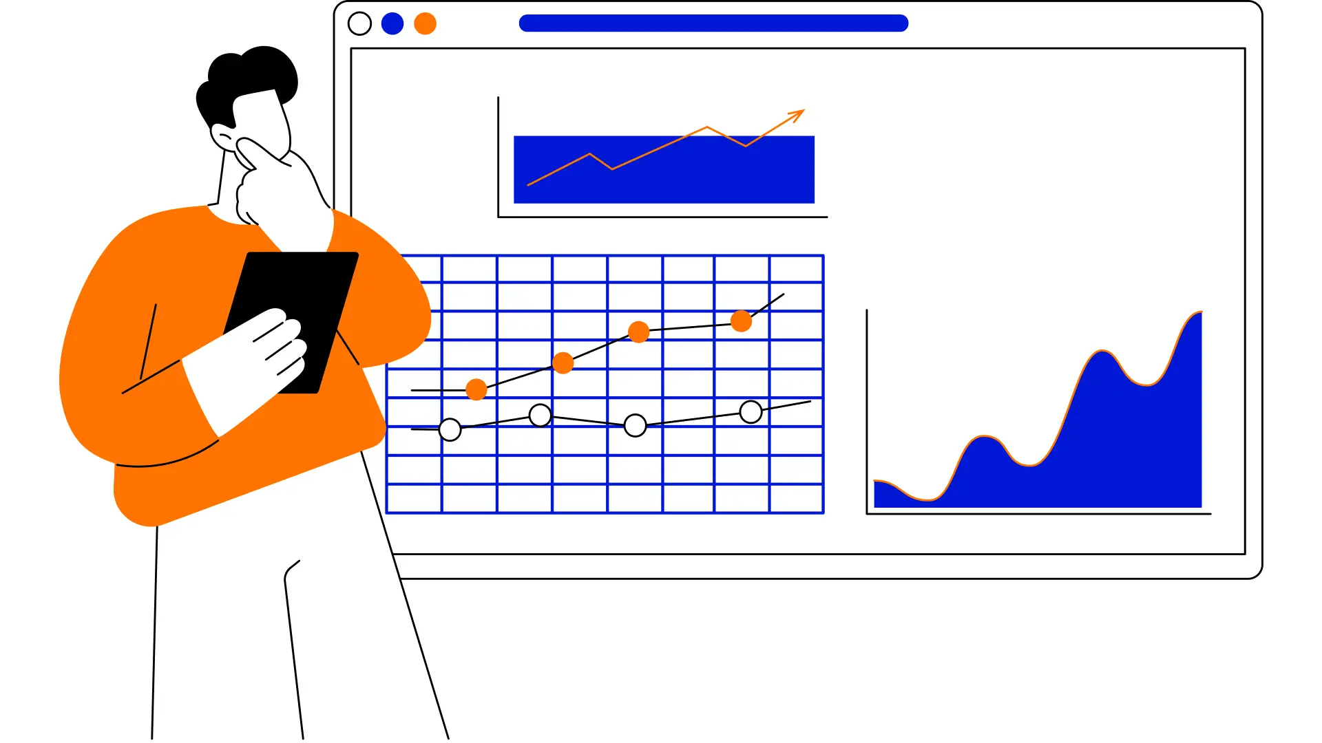 Flat line art illustration of a marketing professional reviewing brand metrics and data in orange and blue, illustrating brand measurement beyond vanity metrics