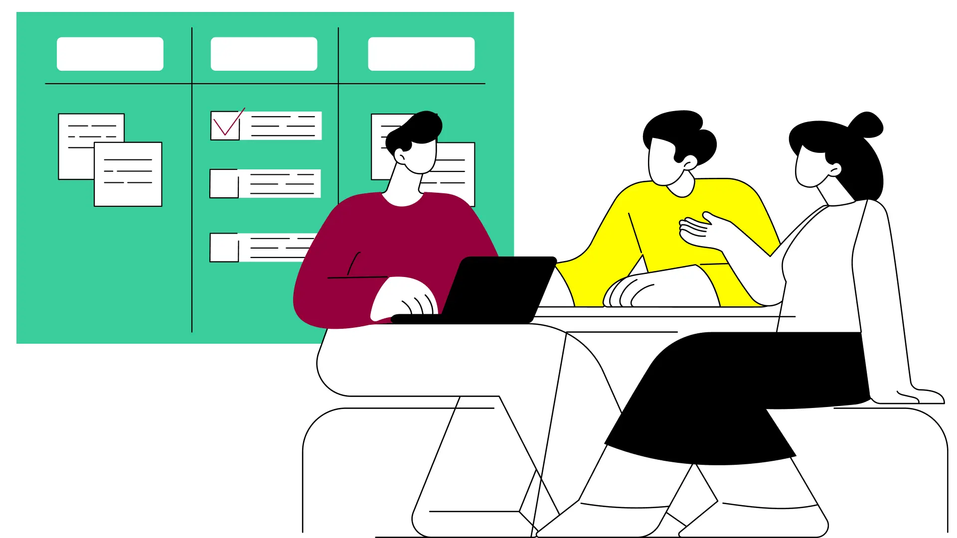 Flat line art illustration of a brand strategy workshop or discovery session in burgundy and yellow, illustrating what a brand strategy process delivers