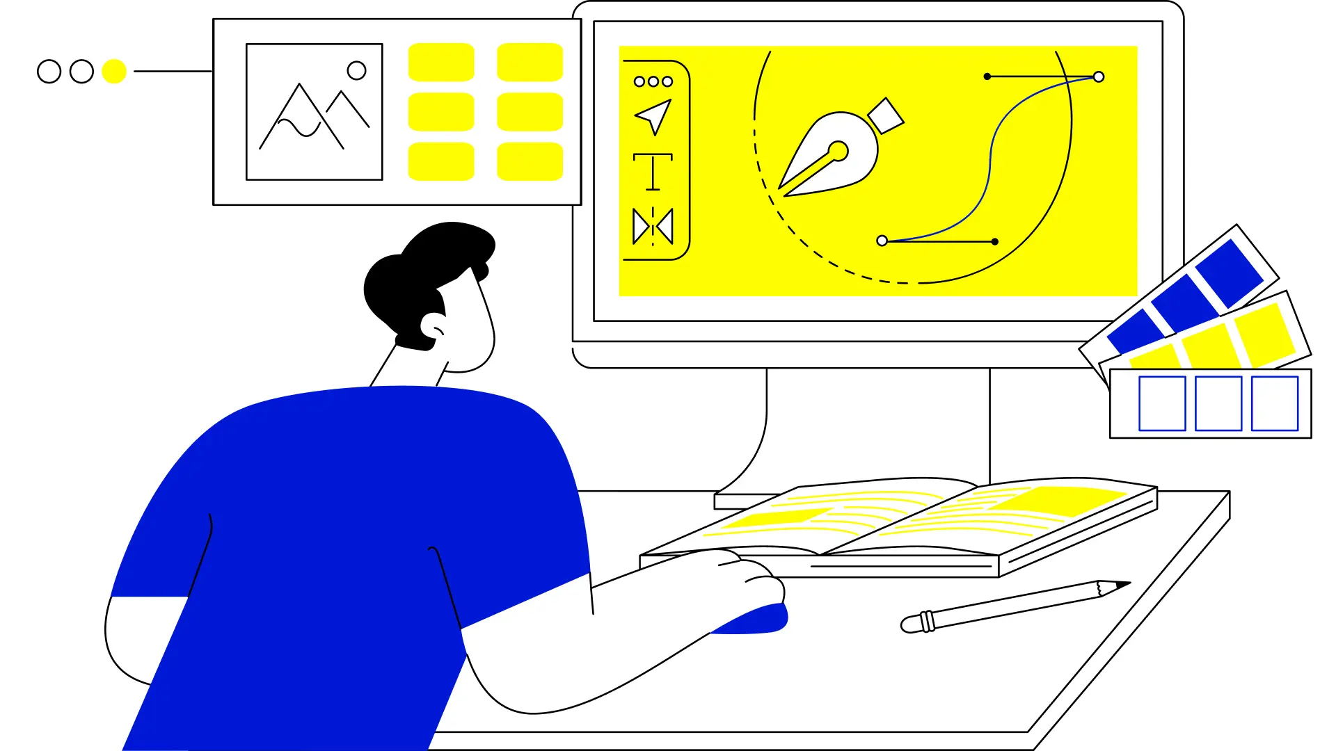 Flat line art illustration of a design team working with a brand system or style guide in blue and yellow, illustrating brand systems for growing teams
