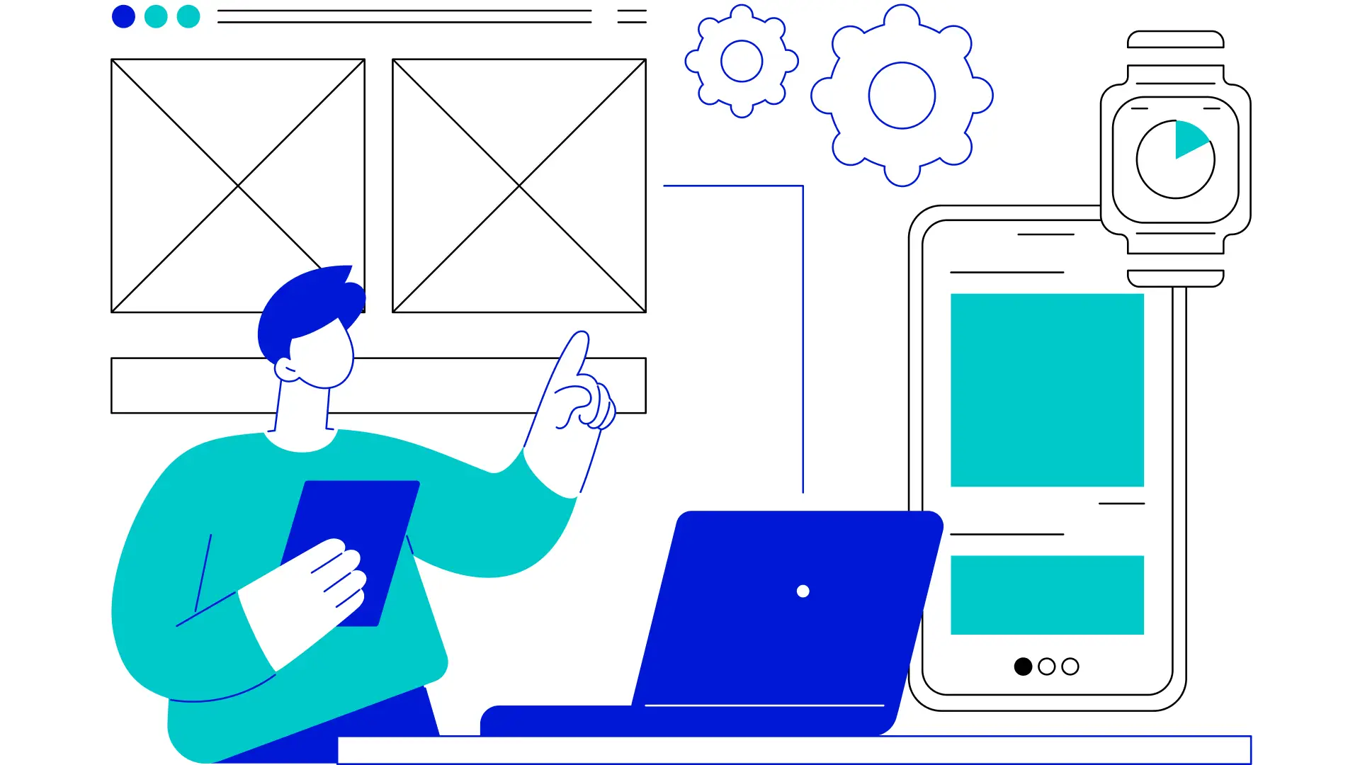 Flat line art illustration of a UX designer or product team member working on interface copy in cyan and blue, illustrating brand voice in UX design