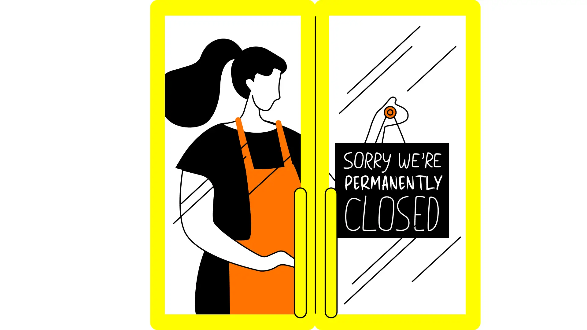 Flat line art illustration of a business professional weighing up brand investment decisions in black and yellow, illustrating the true cost of a cheap brand