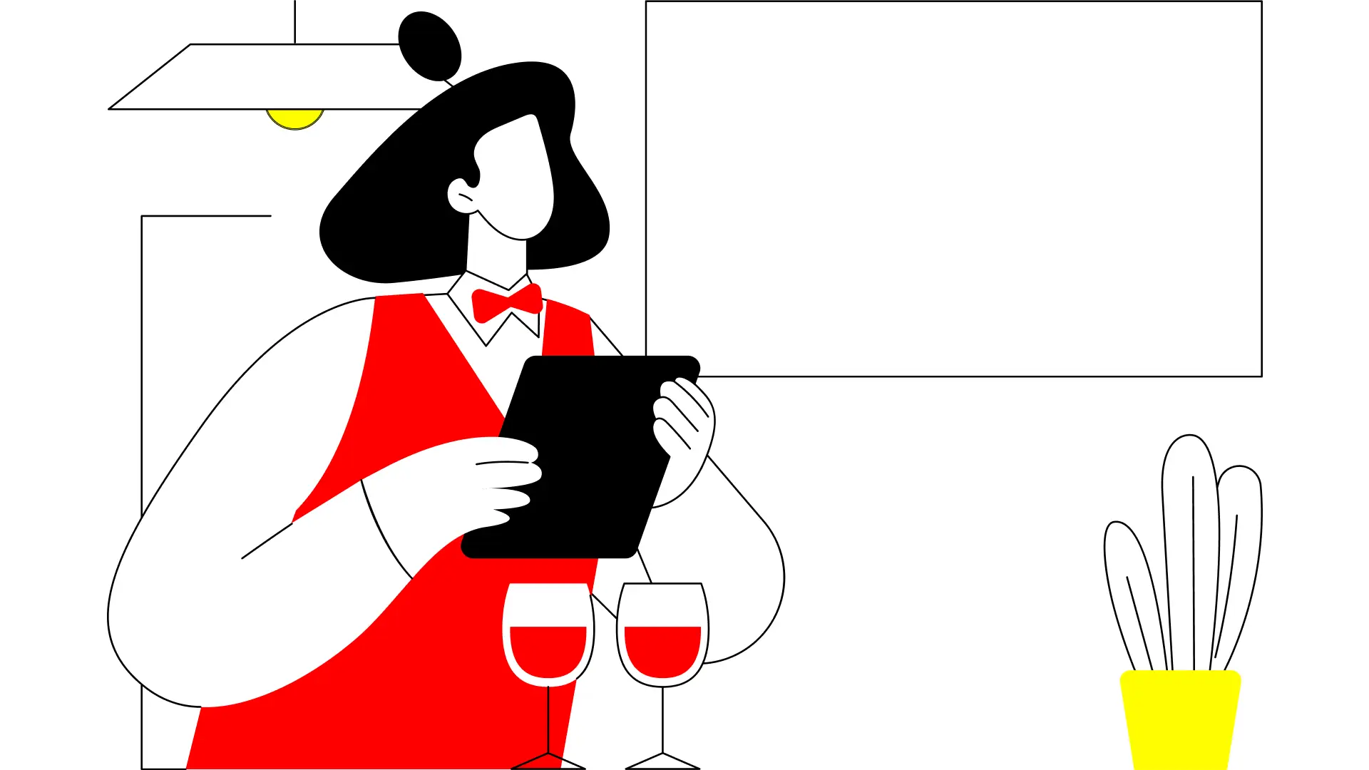 Flat line art illustration of hospitality or food service professionals — a waiter, chef or venue staff — in red and yellow, illustrating hospitality brand strategy in Australia