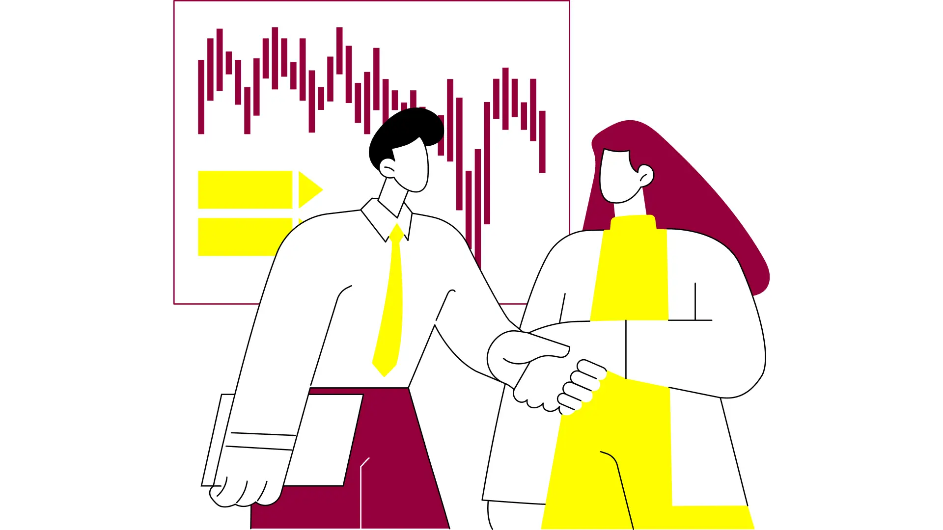 Flat line art illustration of a financial professional in a consultation setting in burgundy and yellow, illustrating financial services brand strategy in Australia