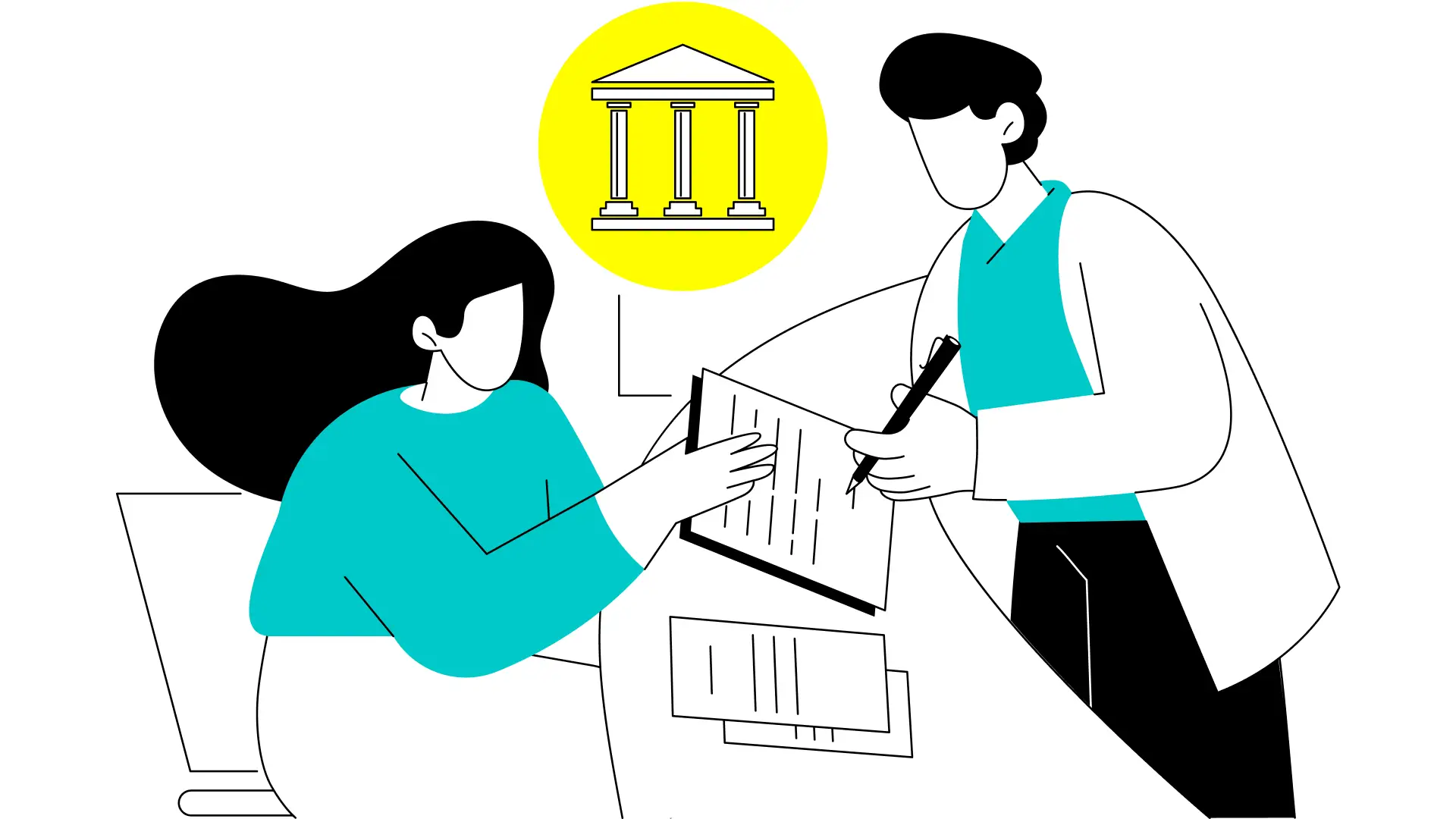 Flat line art illustration of government or public sector professionals in burgundy and cyan, illustrating government communications strategy in Australia