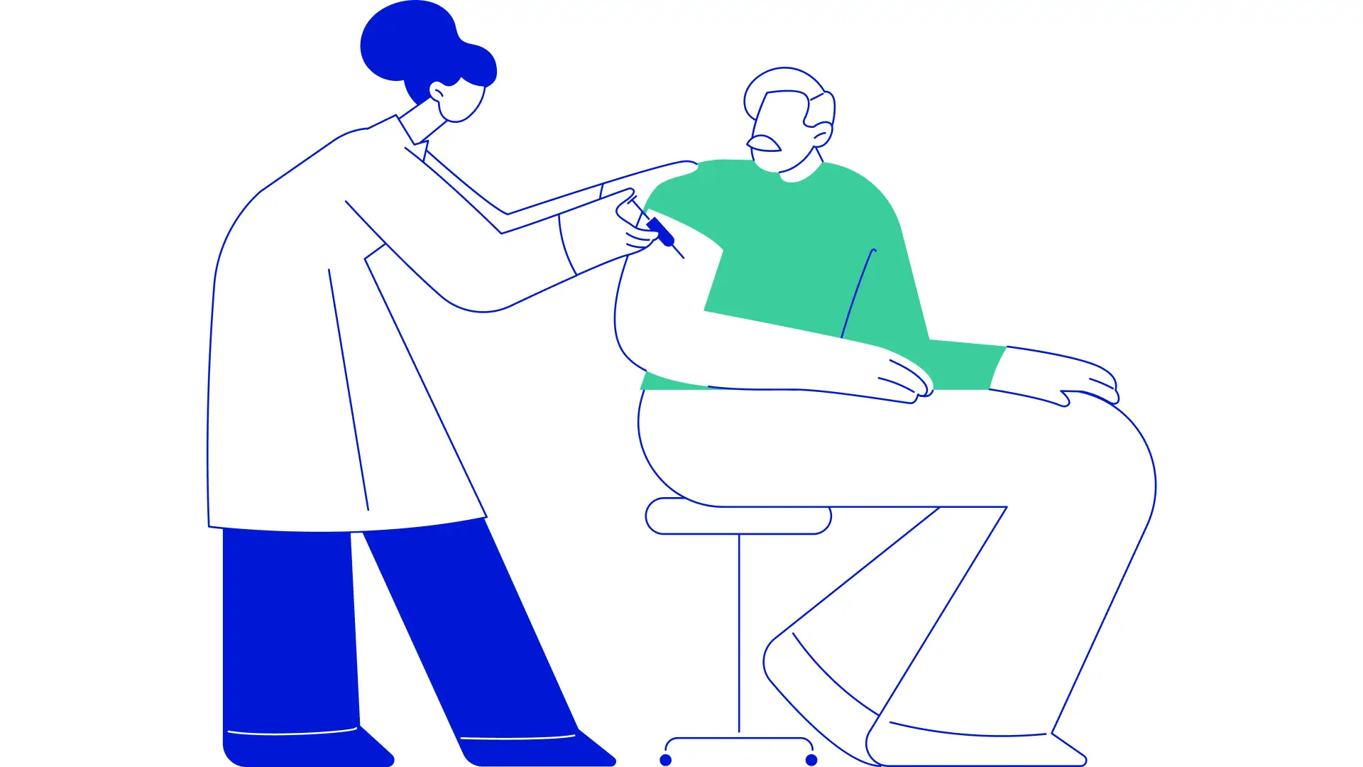 Flat line art illustration of a healthcare professional in blue administering treatment to a patient in mint green, illustrating healthcare brand strategy in Australia