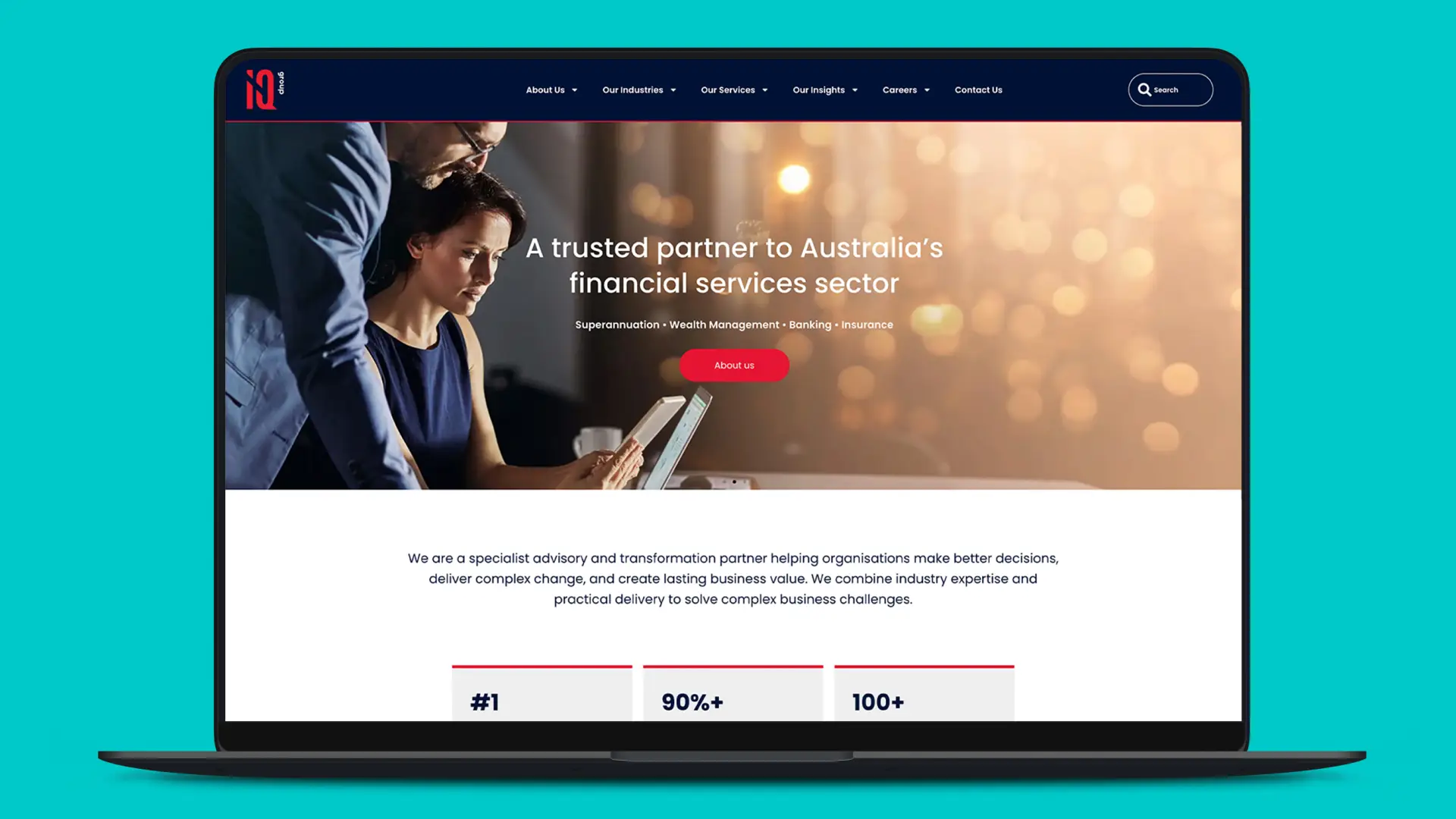 IQ Group rebuilt website – services section showing superannuation, banking and insurance