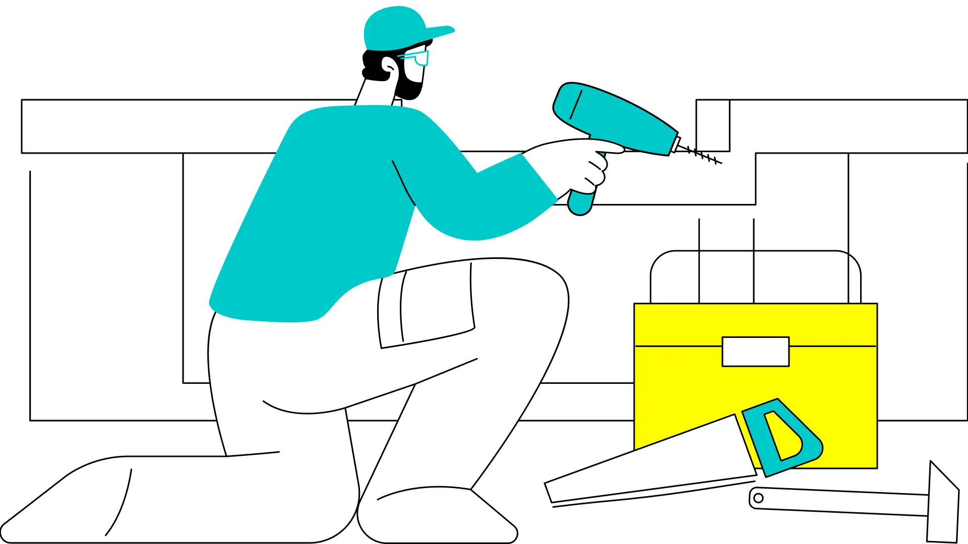 Flat line art illustration of a local business owner or service professional in cyan and black, illustrating local brand strategy for Australian service businesses