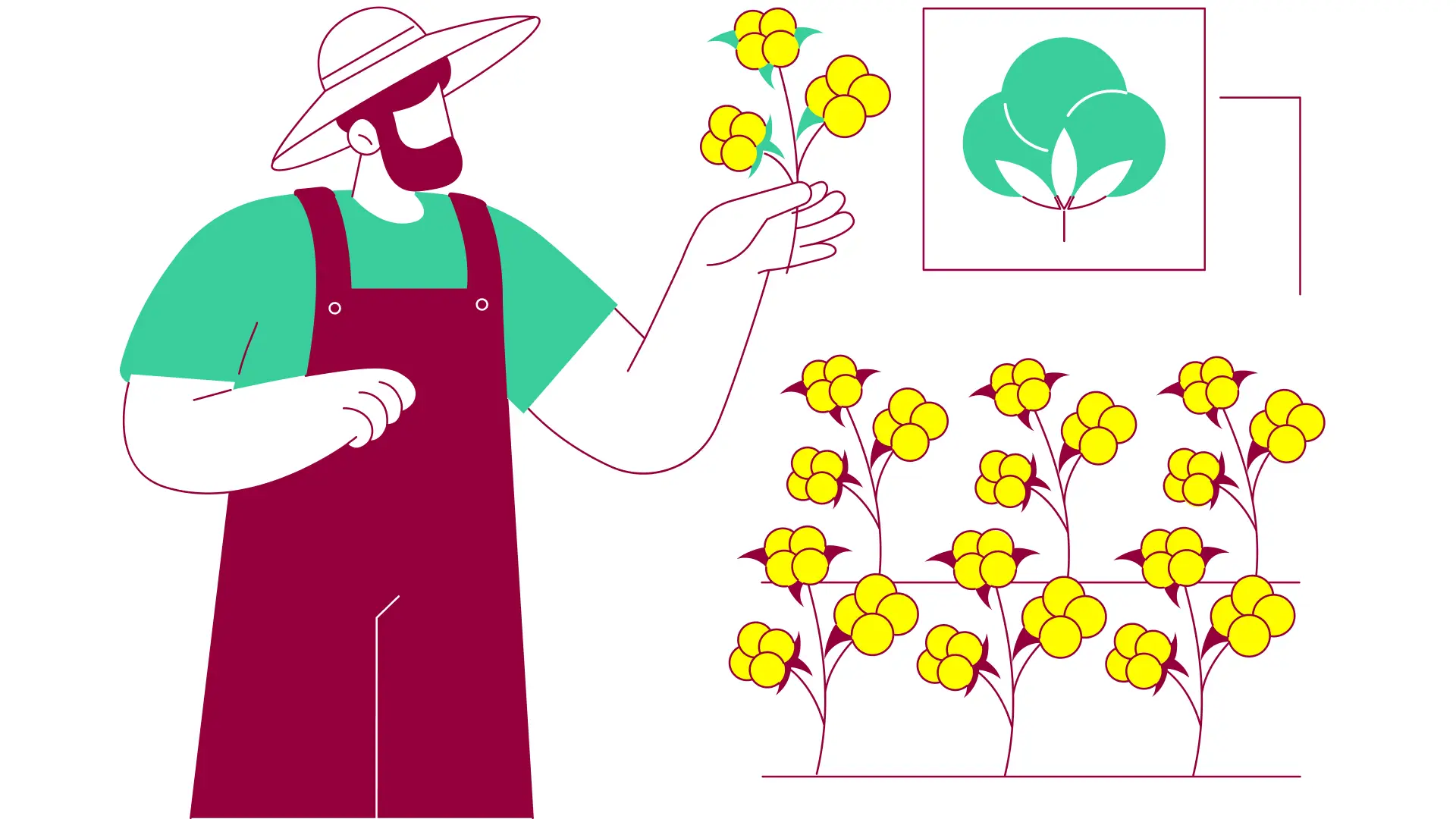 Flat line art illustration of community helpers or volunteers in mint and burgundy, illustrating not-for-profit brand strategy in Australia