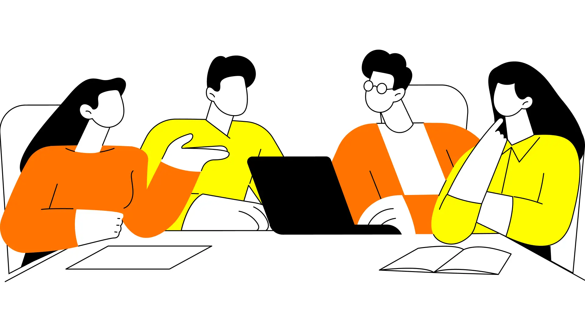 Flat line art illustration of an agency and client in a briefing or review meeting in yellow, black and orange, illustrating project vs ongoing brand investment