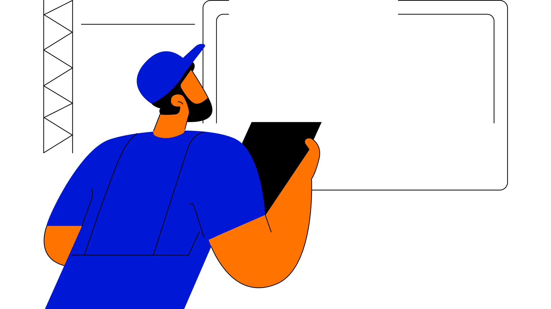 Flat line art illustration of an industrial worker in blue overalls holding a tablet, with scaffolding in the background, illustrating property and industrial brand strategy in Australia