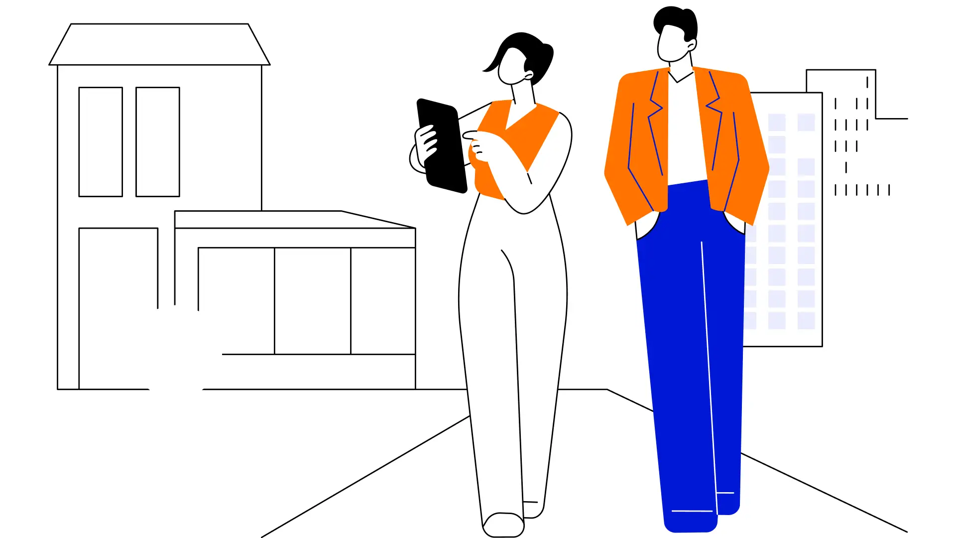 Flat line art illustration of of a to people inspecting properties with buildings in the background, illustrating property and industrial brand strategy in Australia