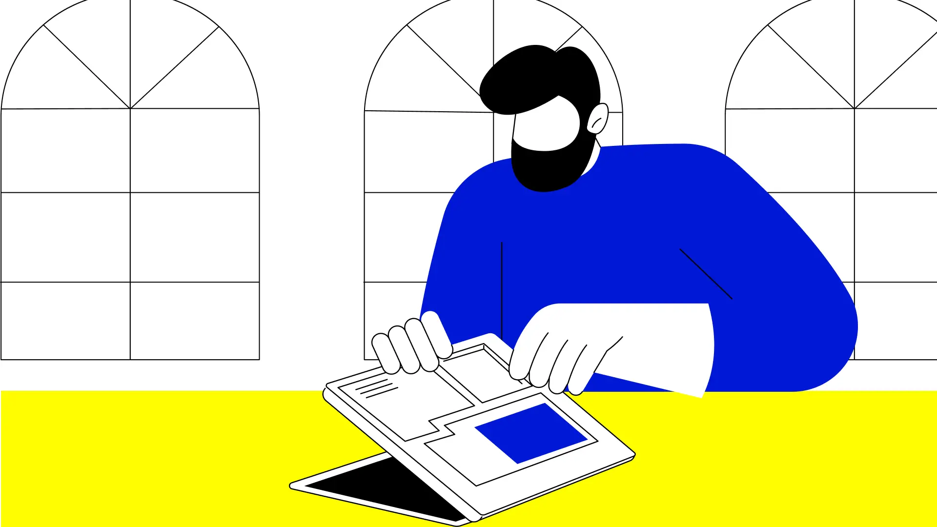 Flat line art illustration of a designer or strategist working through a rebrand process in yellow and blue, illustrating the rebrand playbook