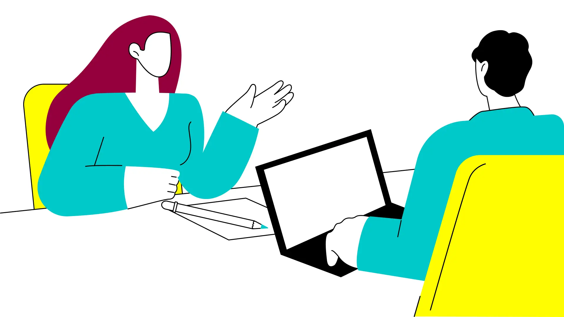 Flat line art illustration of a job interview or talent acquisition scene in burgundy and cyan, illustrating recruitment brand strategy in Australia