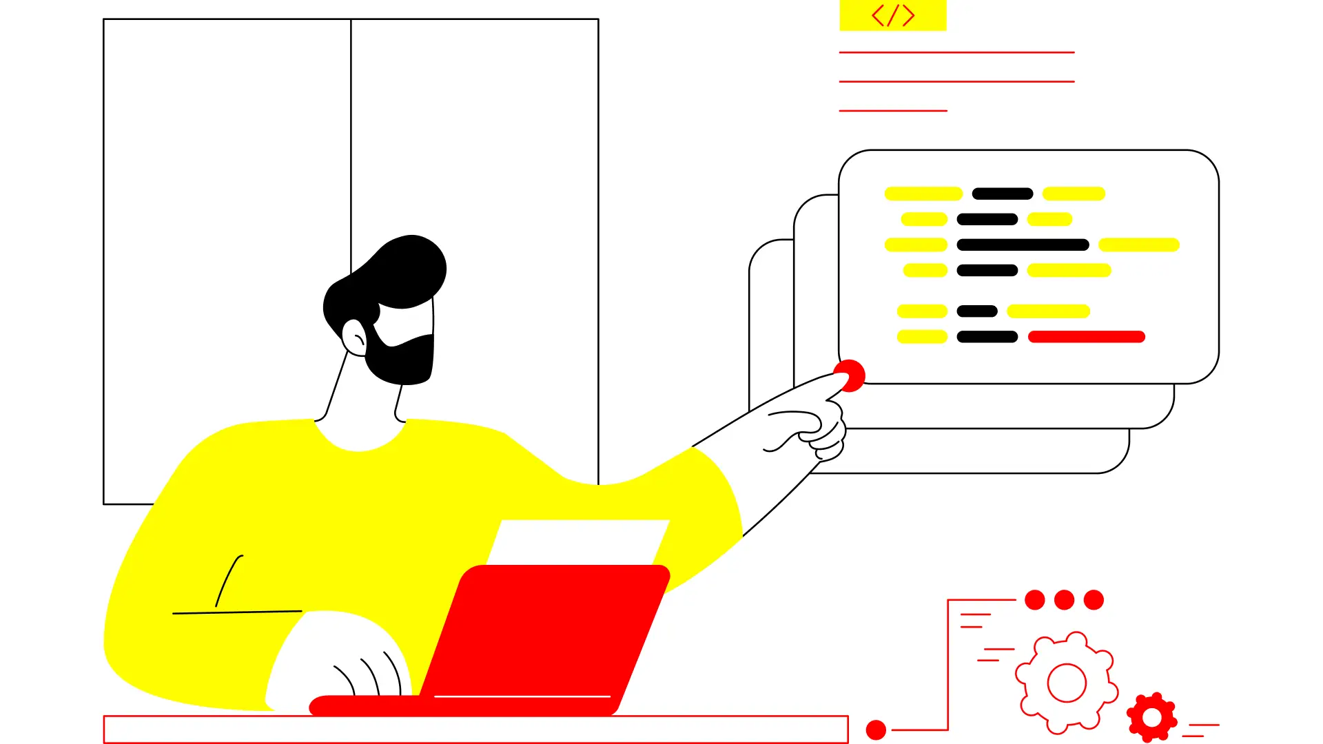 Flat line art illustration of a developer or digital professional managing a platform migration in red and yellow, illustrating eCommerce replatforming brand strategy