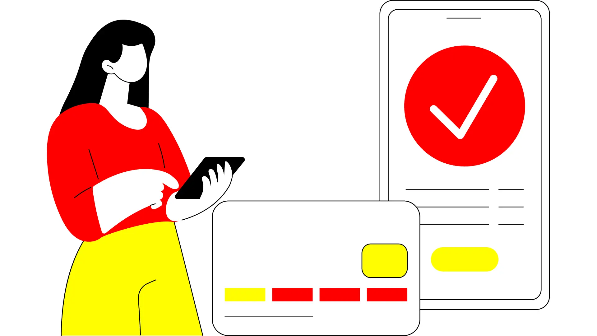Flat line art illustration of a customer engaged with a subscription product or service in red and yellow, illustrating subscription brand strategy