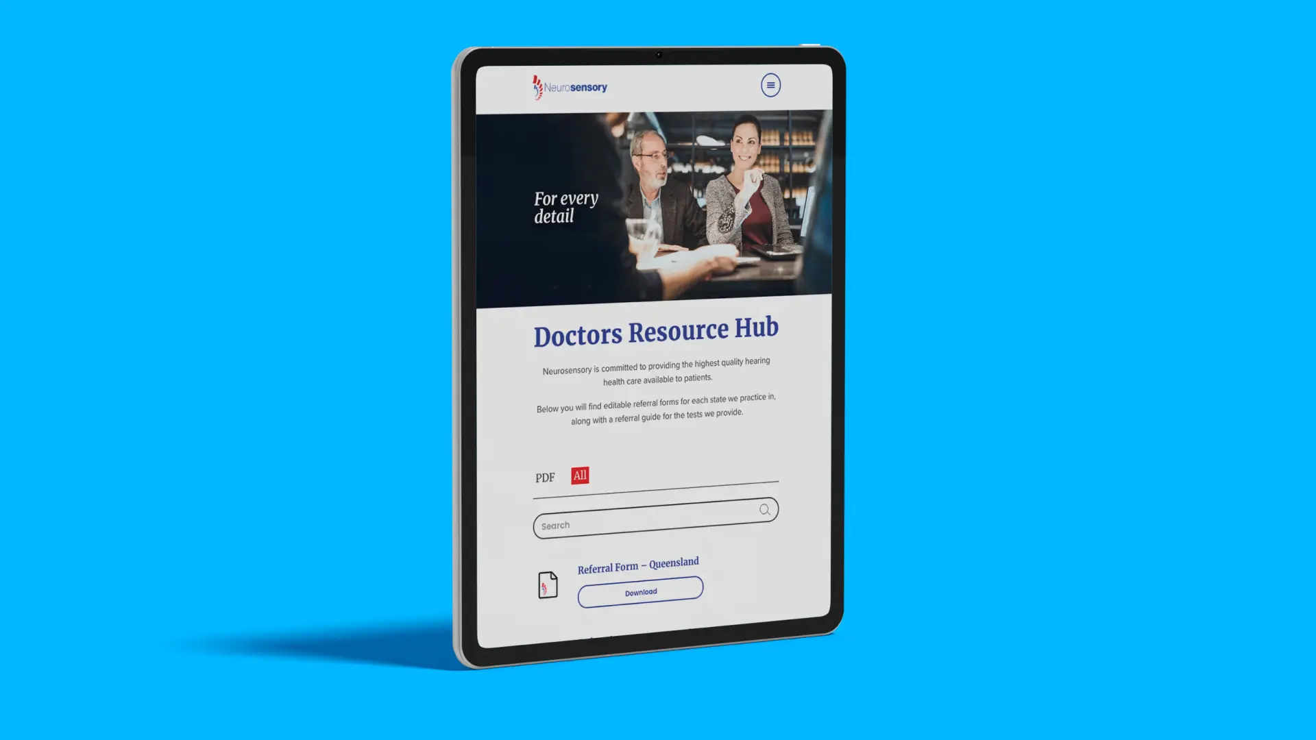 Neurosensory Doctors Resource Hub on a tablet, with downloadable referral forms by state