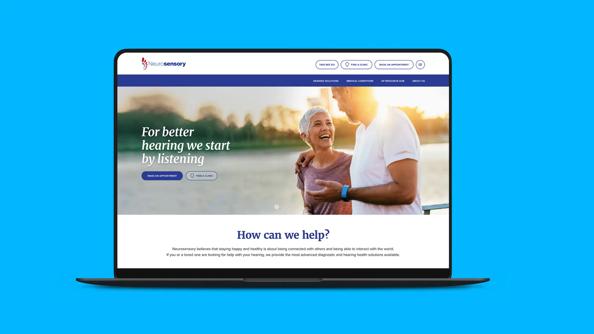 Neurosensory homepage hero on a laptop, reading For better hearing we start by listening