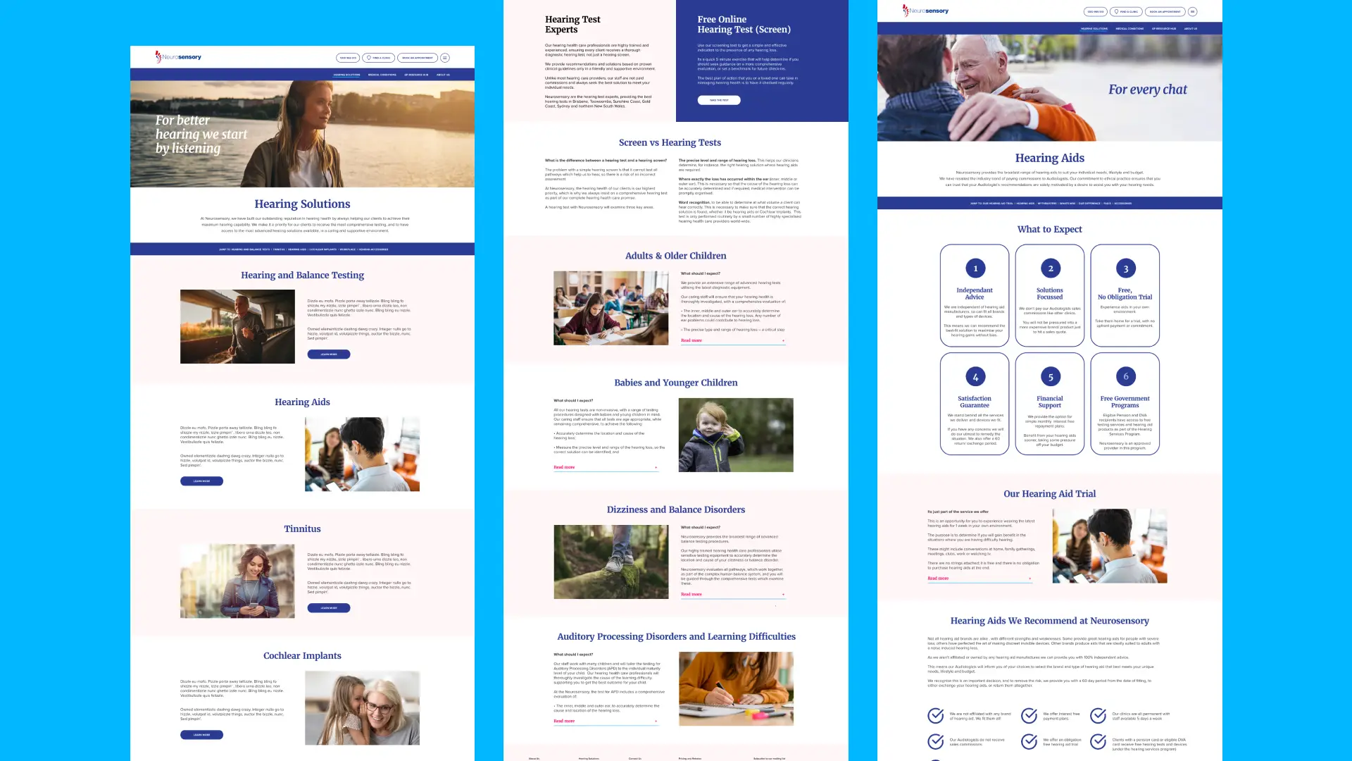 Neurosensory Hearing Solutions, hearing test and hearing aid page layouts side by side
